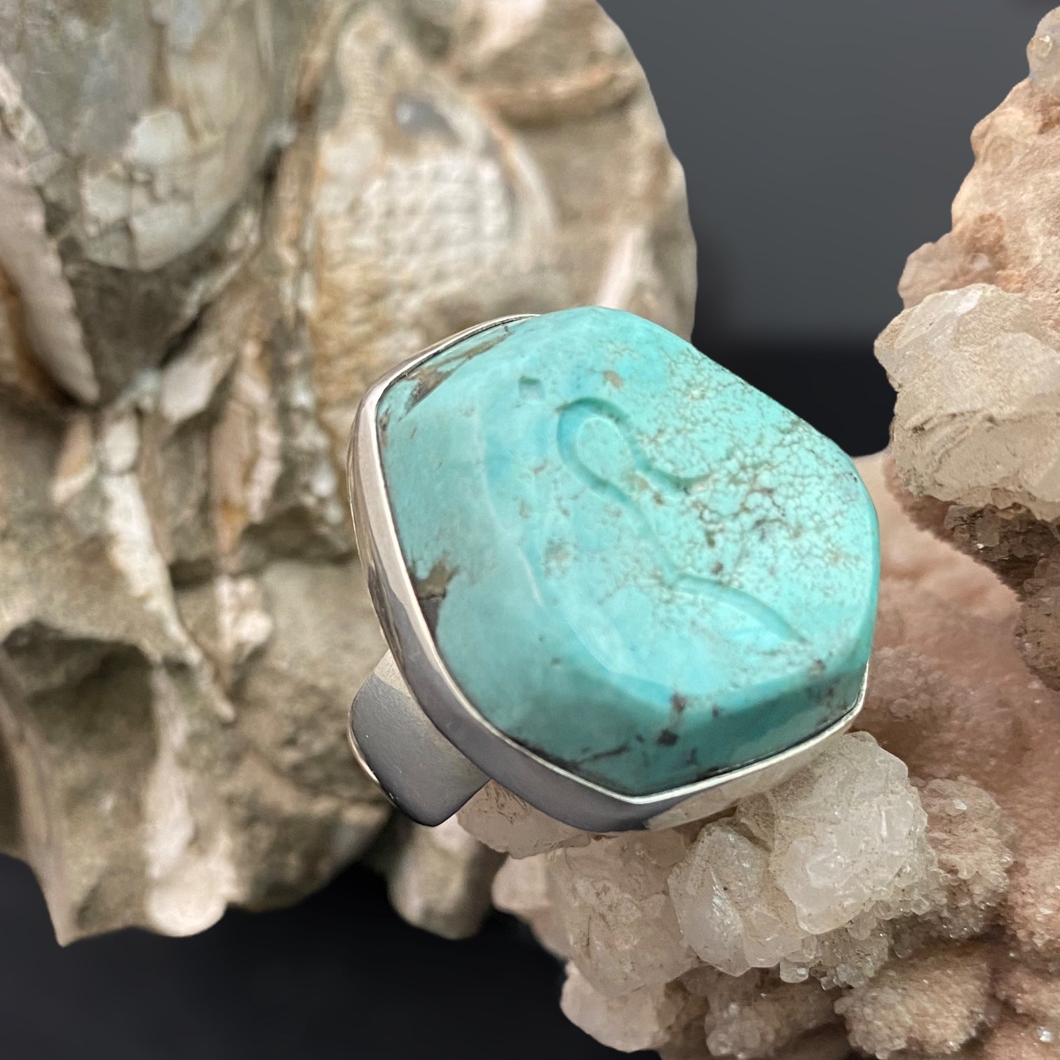 Arizona Turquoise Sterling Silver Ring with Divine Feminine Symbol size 9.5