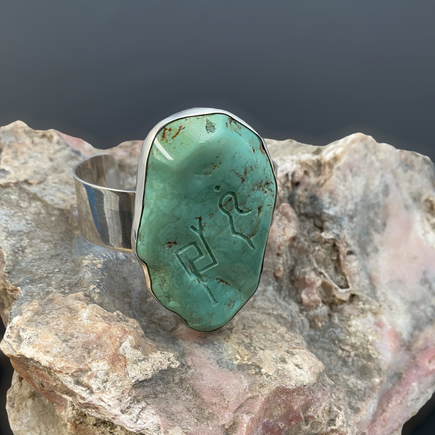 Arizona Turquoise Sterling Silver Cuff Bracelet with Divine Feminine & Sacred Masculine Symbols