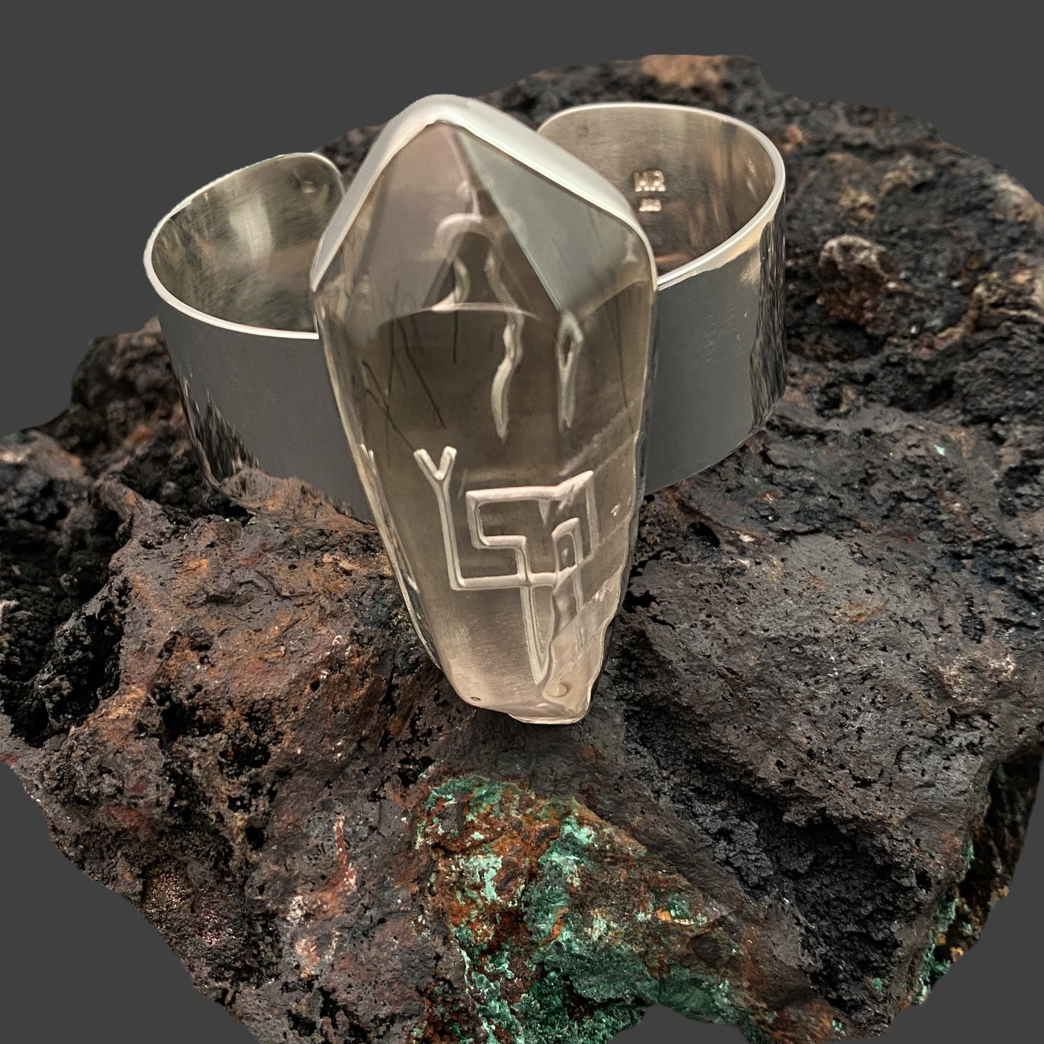 Natural Lemurian Quartz Sterling Silver Cuff Bracelet with Divine Feminine & Sacred Masculine Symbols