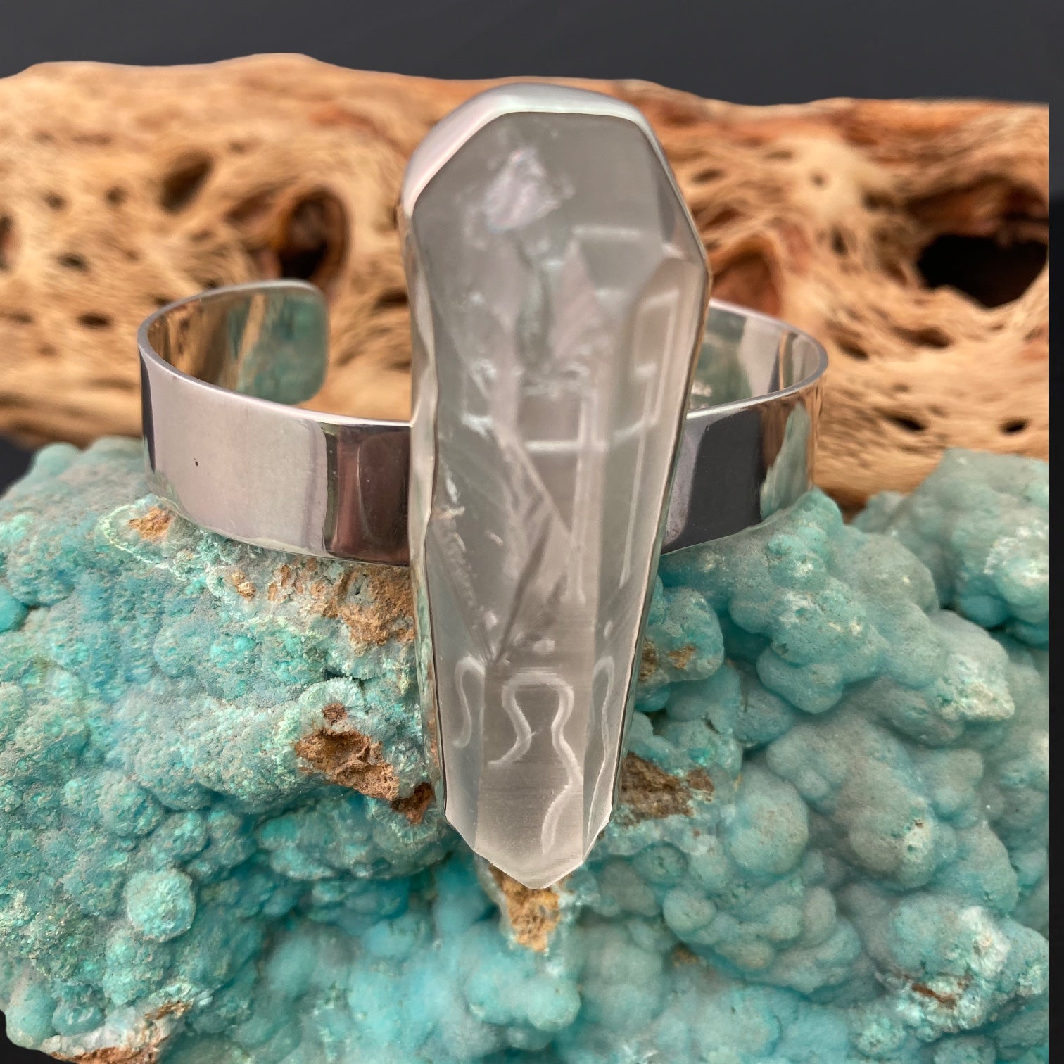 Natural Lemurian Quartz Sterling Silver Cuff Bracelet with Divine Feminine & Sacred Masculine Symbols