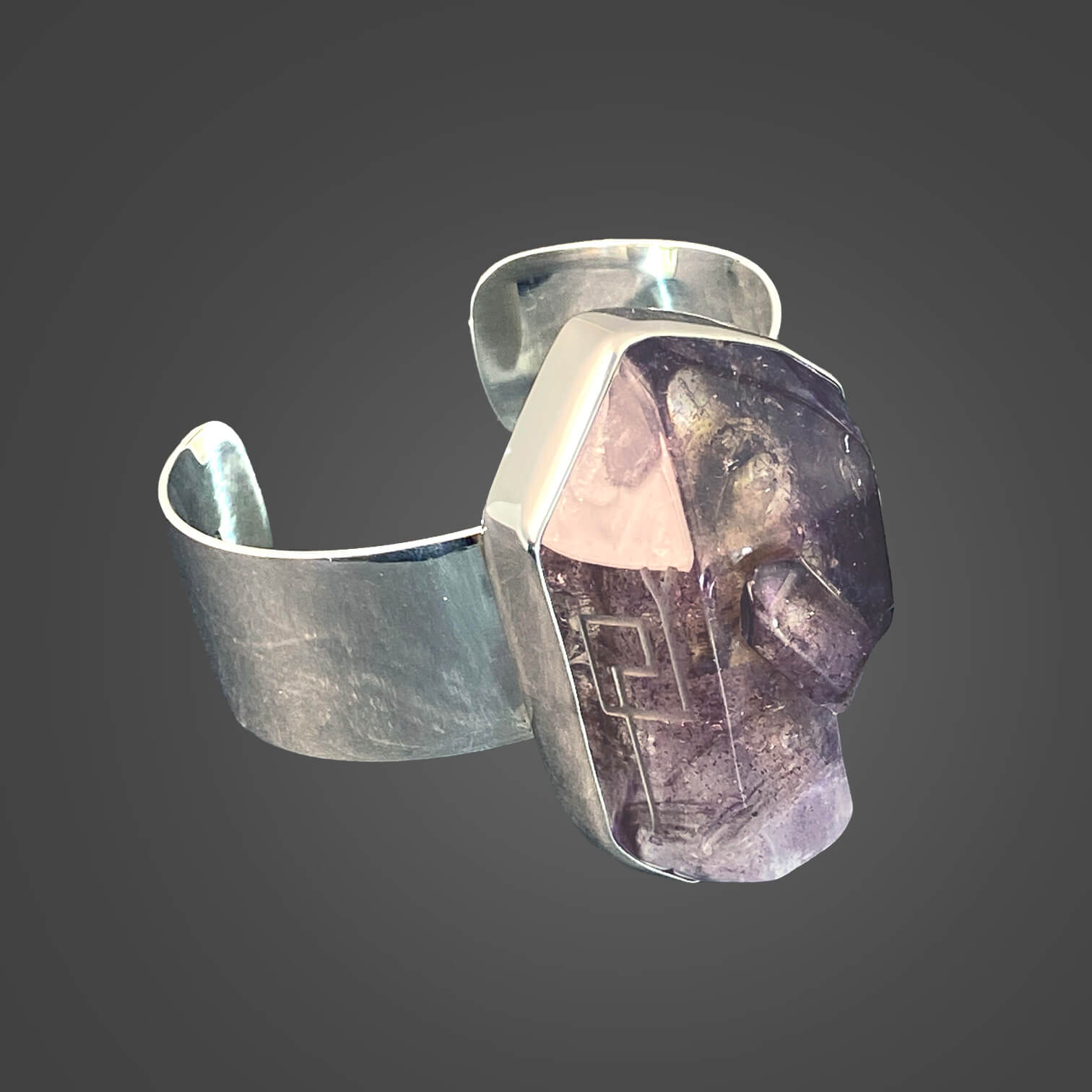 African Smoky Amethyst Sterling Silver Cuff Bracelet with Divine Feminine and Sacred Masculine Symbols