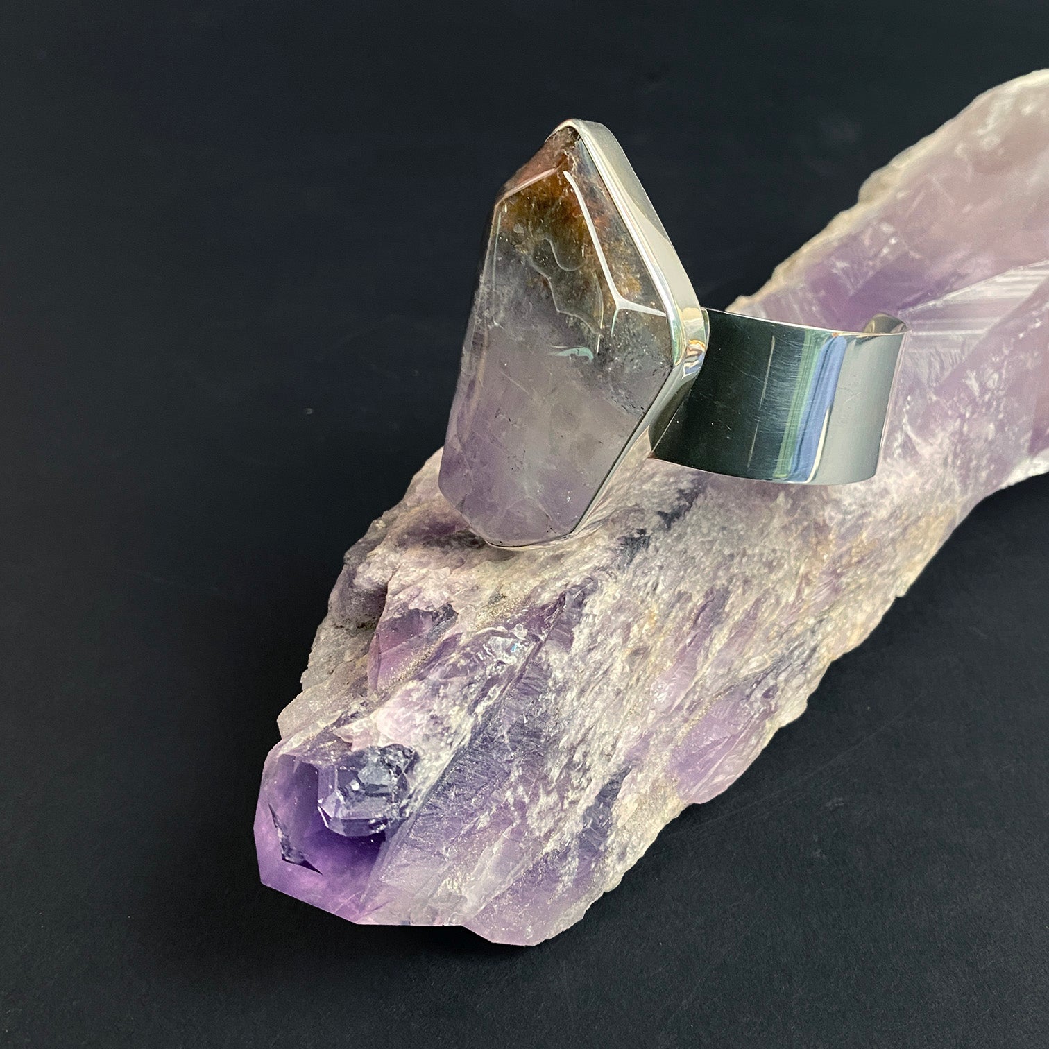 African Smoky Amethyst Sterling Silver Cuff Bracelet with Divine Feminine and Sacred Masculine Symbols