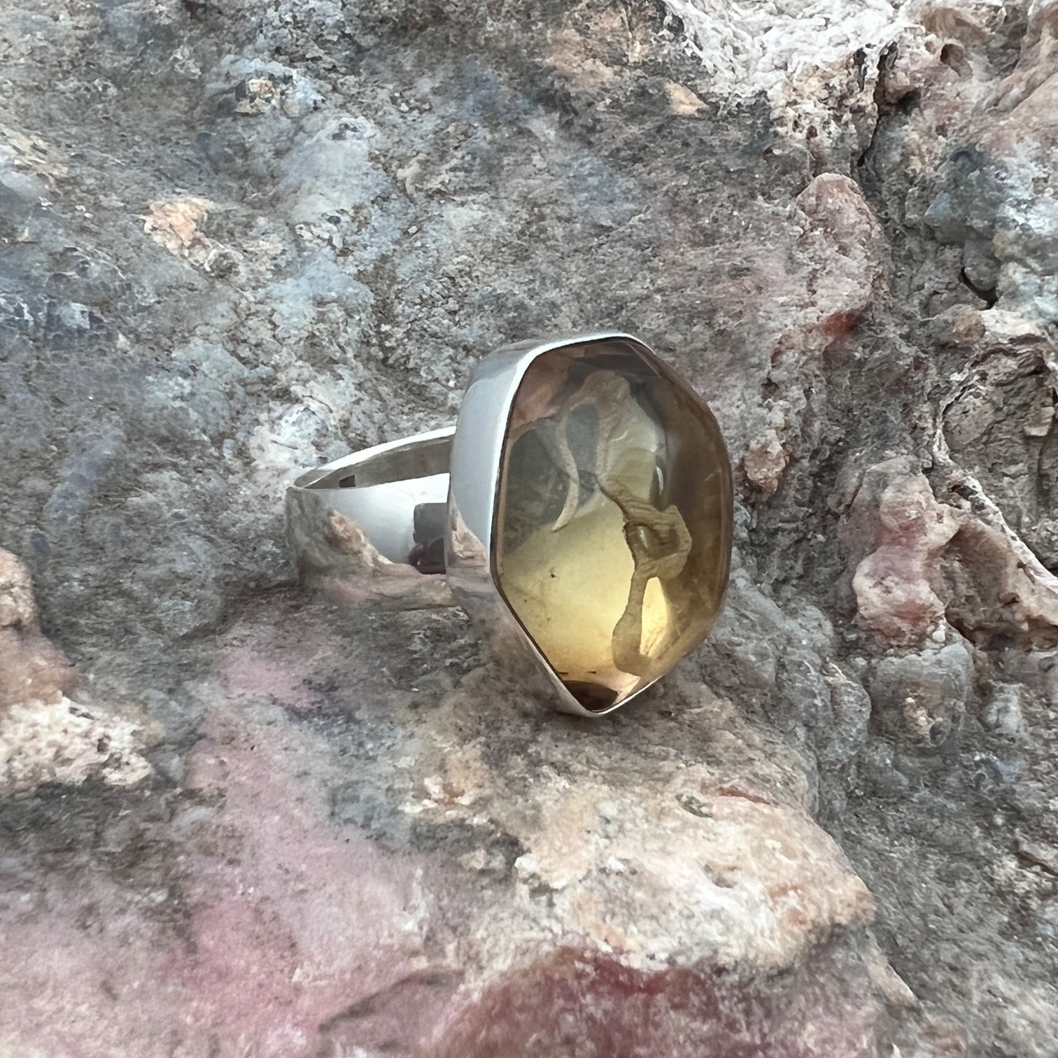 African Citrine Sterling Silver Ring with Divine Feminine Symbol