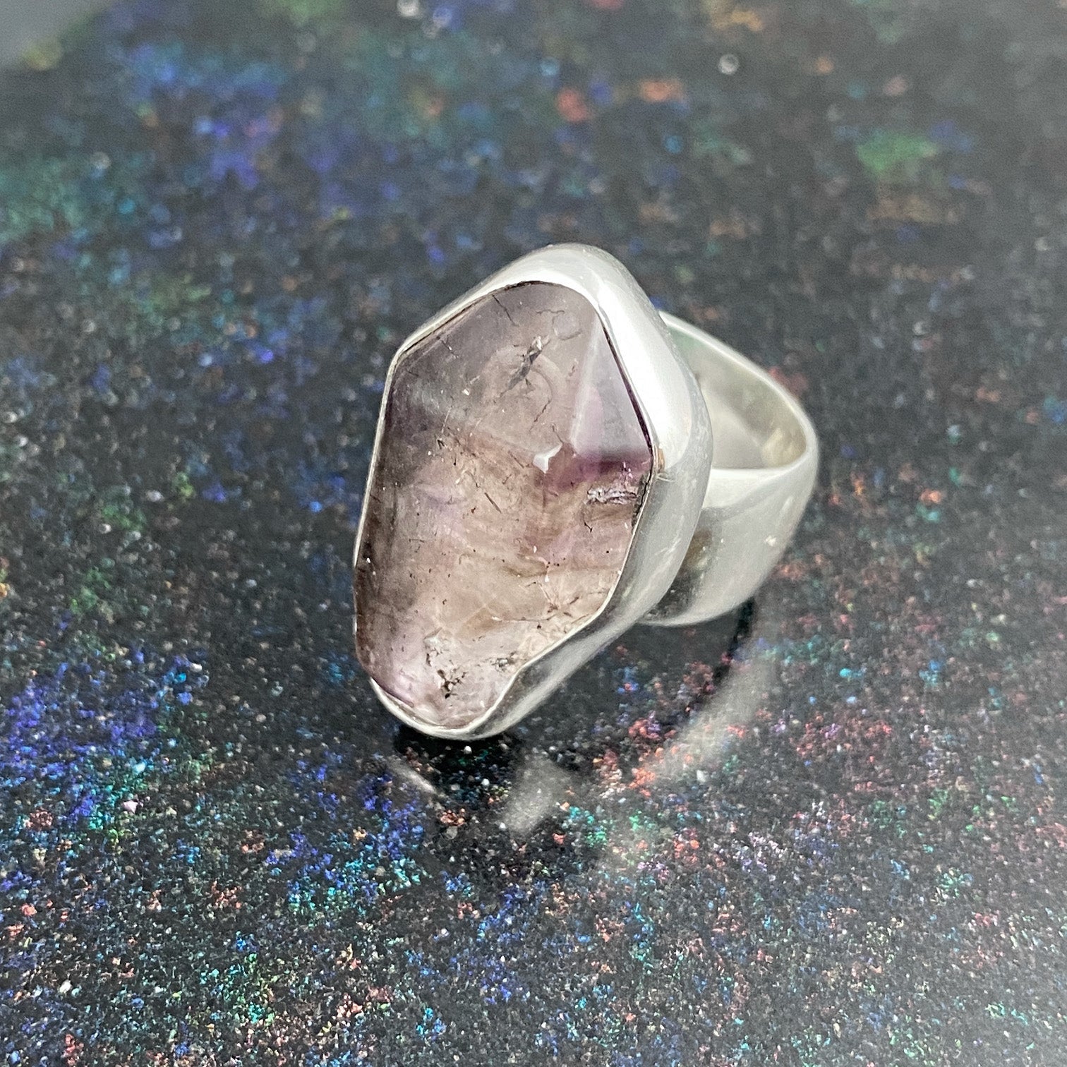 African Smoky Amethyst Sterling Silver Ring with Divine Feminine Symbol