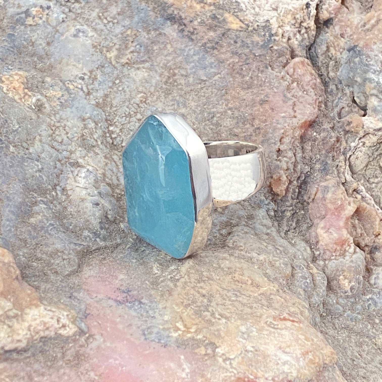 Aquamarine Sterling Silver Ring with Divine Feminine Symbol