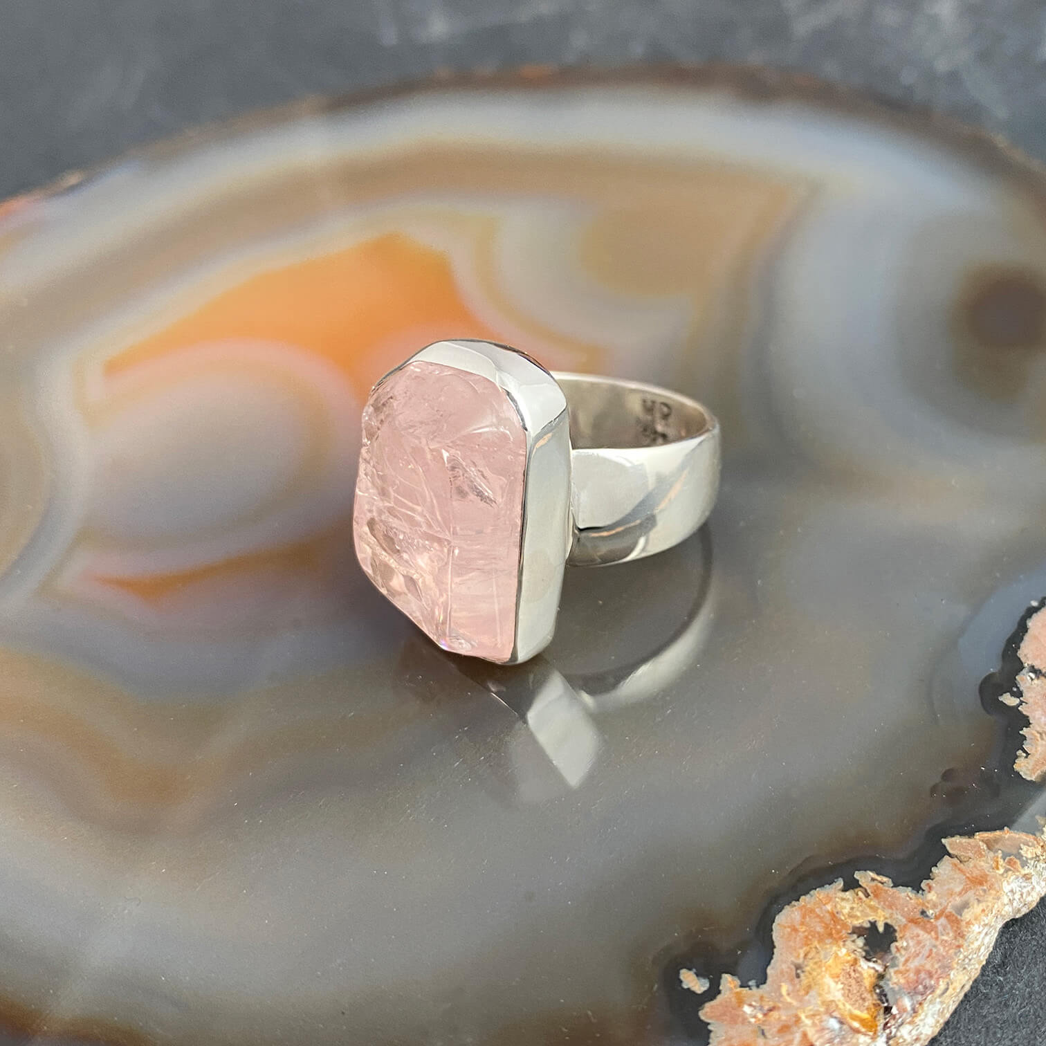 Rose Quartz Sterling Silver Ring with Divine Feminine Symbol