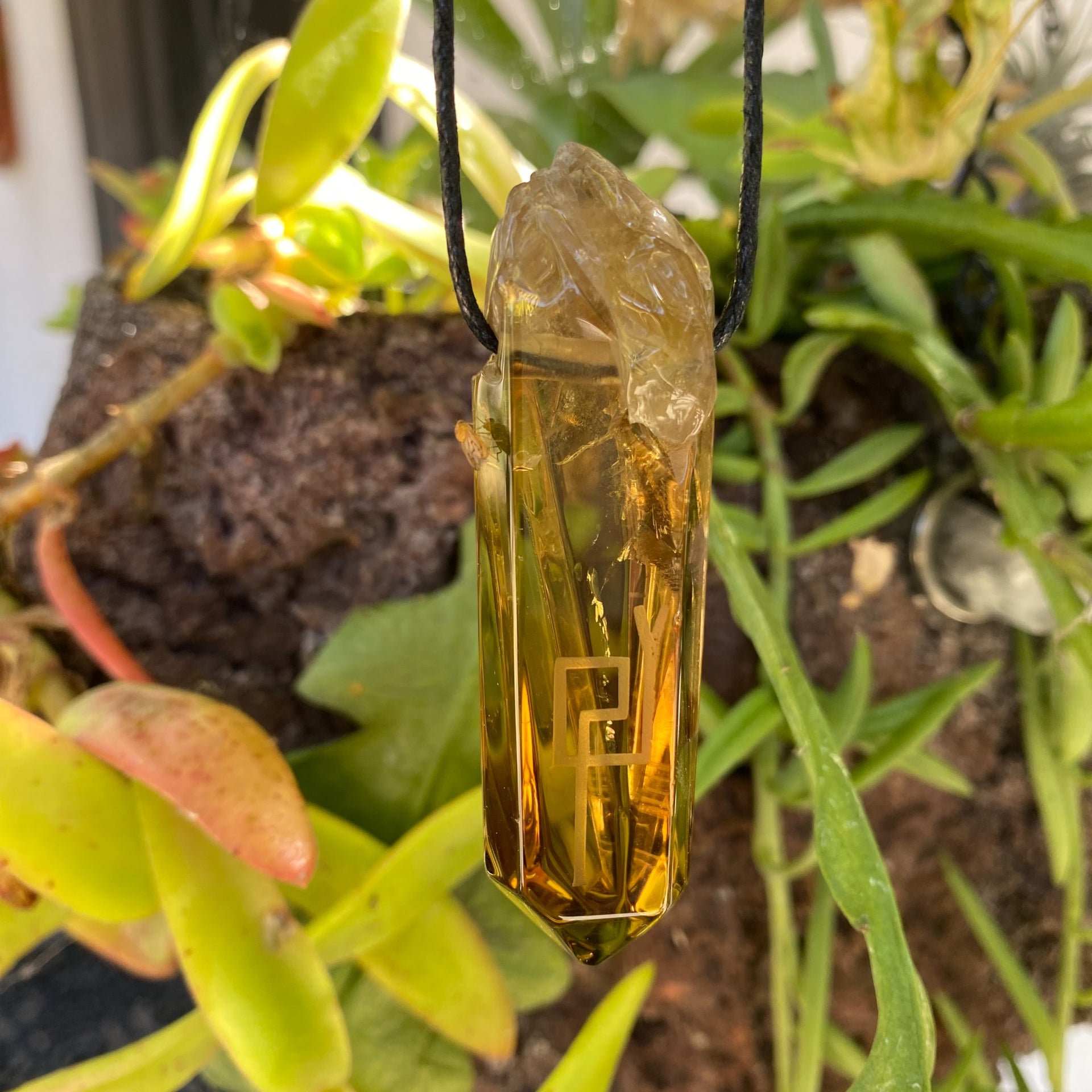 Natural African Citrine Pendant with Divine Feminine and Divine Masculine Symbols - Style 2
