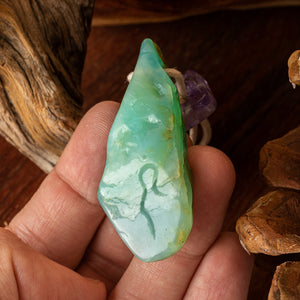 Peruvian Blue Opal Pendant with Divine Feminine Symbol and Amethyst bead
