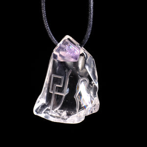 Polished Lemurian Freeform Pendant with Amethyst Accent and Divine Feminine and Sacred Masculine Symbols a