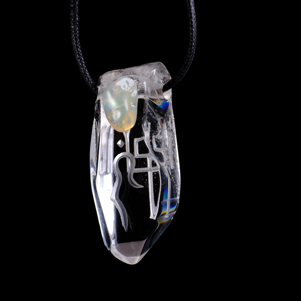Lemurian Crystal Pendant with Ethiopian Opal Accent and Divine Feminine and Sacred Masculine Symbols