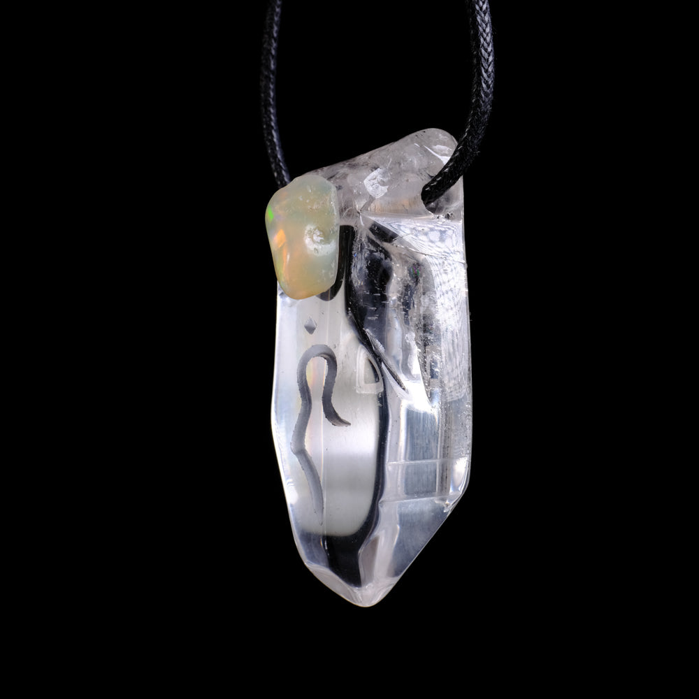 Lemurian Crystal Pendant with Ethiopian Opal Accent and Divine Feminine and Sacred Masculine Symbols