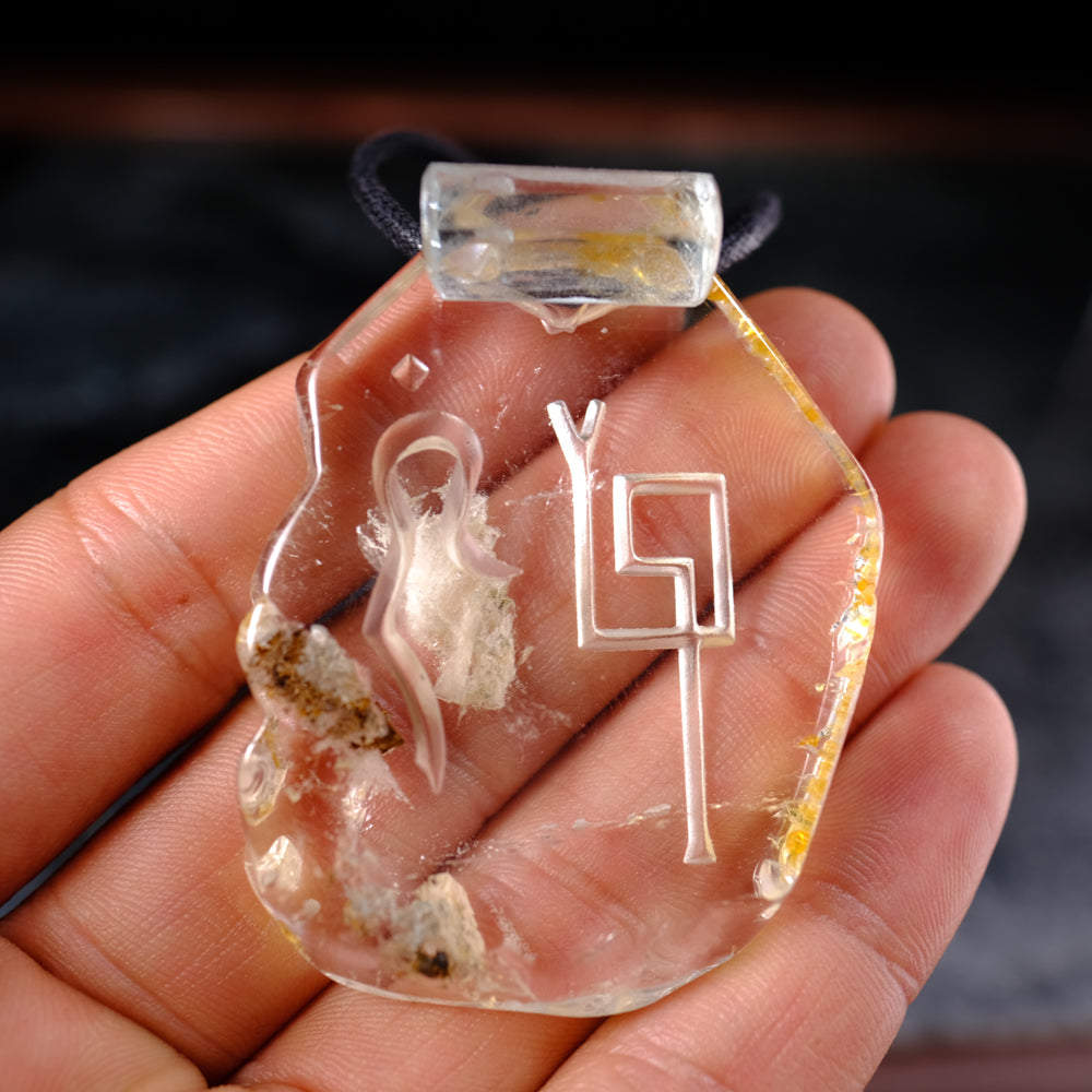 Scenic Quartz Pendant with Aquamarine Accent and Divine Feminine and Sacred Masculine Symbols