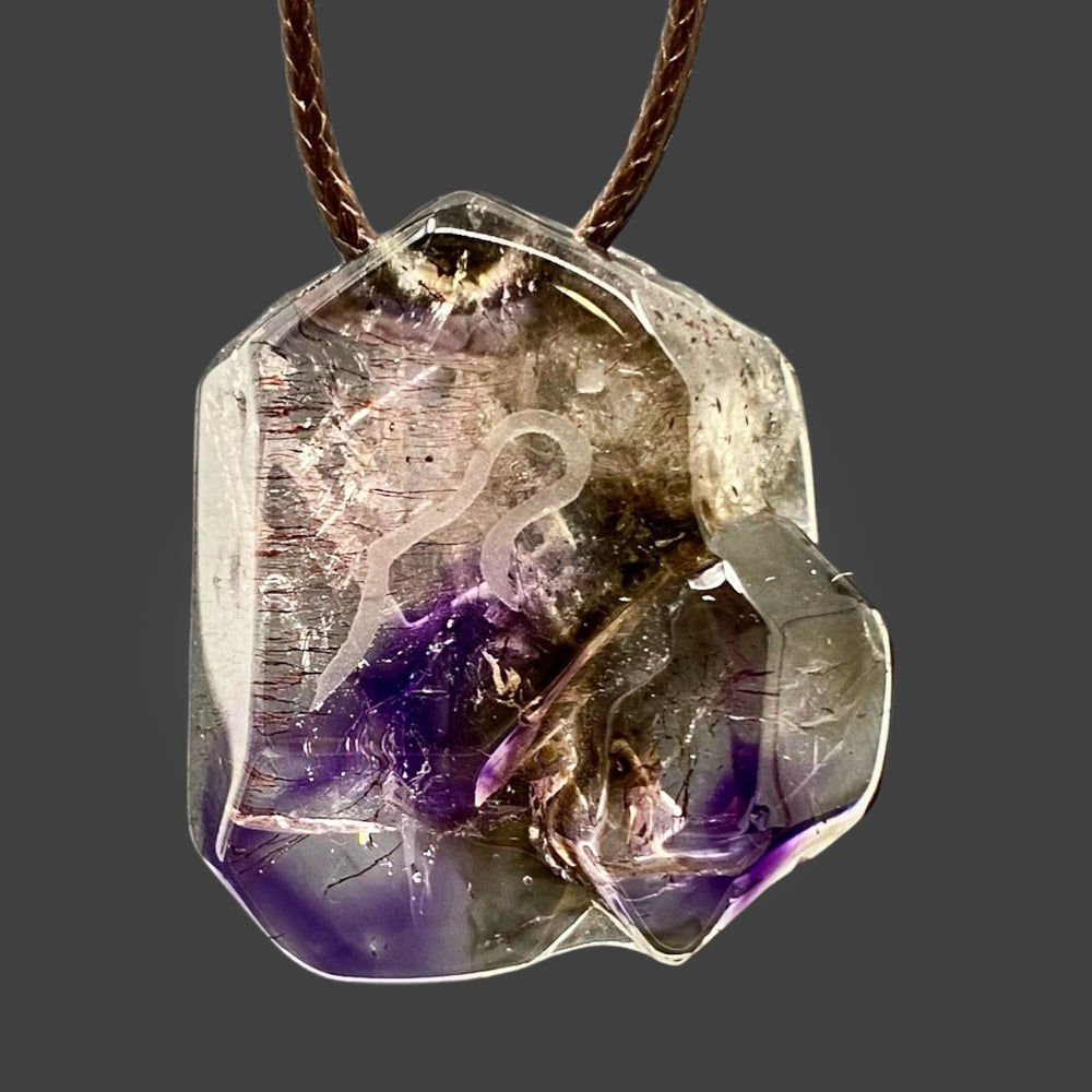 African Smoky Amethyst Pendant with Divine Feminine and Sacred Masculine Symbols