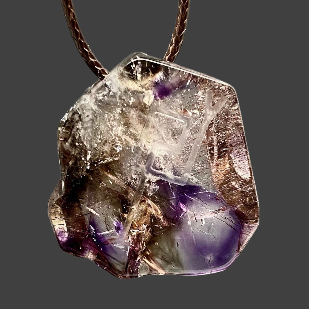 African Smoky Amethyst Pendant with Divine Feminine and Sacred Masculine Symbols