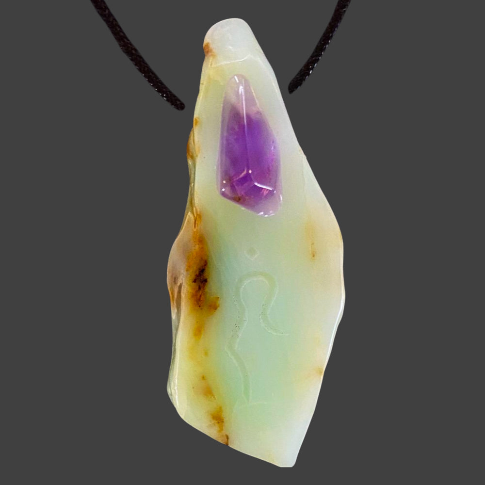 Peruvian Blue Opal Pendant with Divine Feminine Symbol and Amethyst Accent