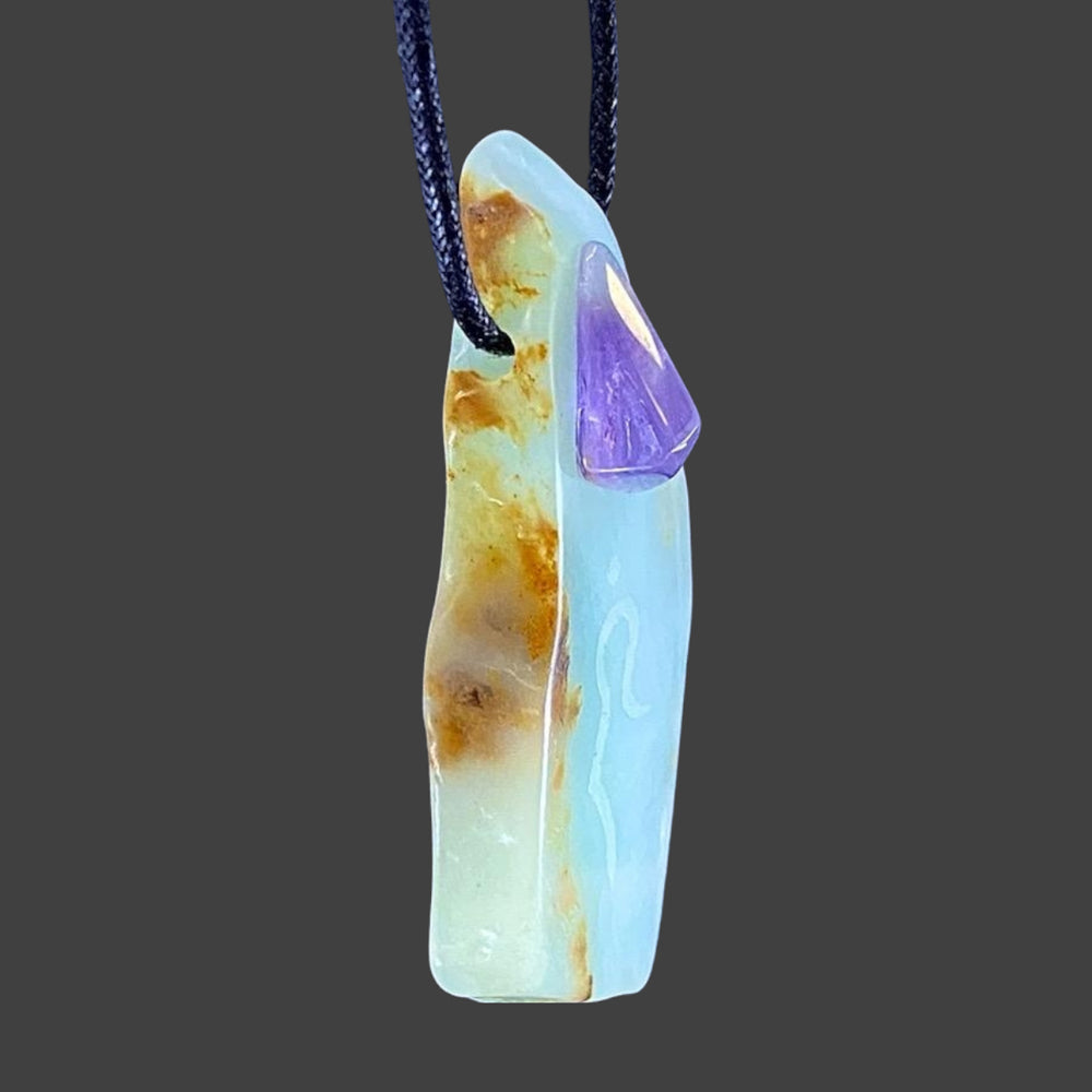Peruvian Blue Opal Pendant with Divine Feminine Symbol and Amethyst Accent