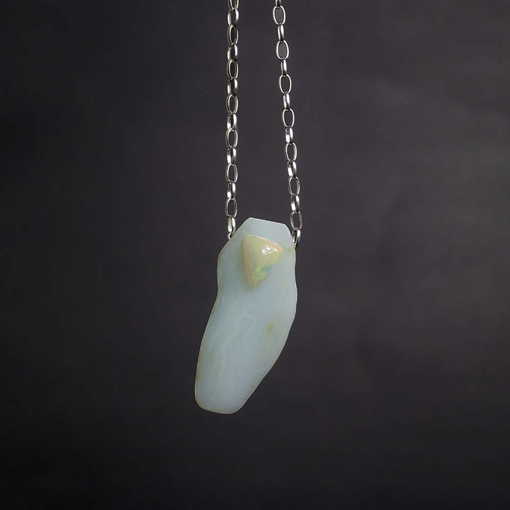 Peruvian Blue Opal with Divine Feminine and Sacred Masculine Symbols and Ethiopian Opal Accent