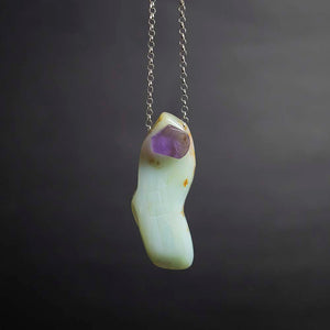 Peruvian Blue Opal Pendant with Divine Feminine and Sacred Masculine Symbols and Amethyst Accent