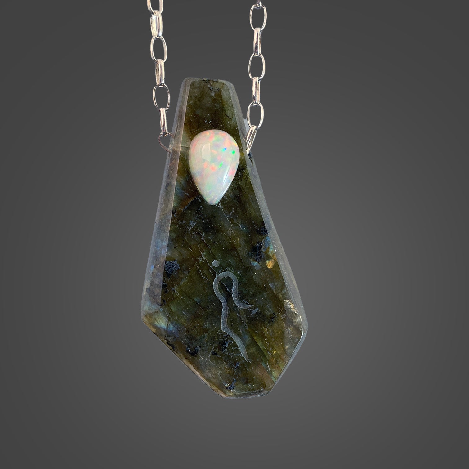 Labradorite Pendant with Ethiopian Opal Accent and Divine Feminine and Sacred Masculine Symbols
