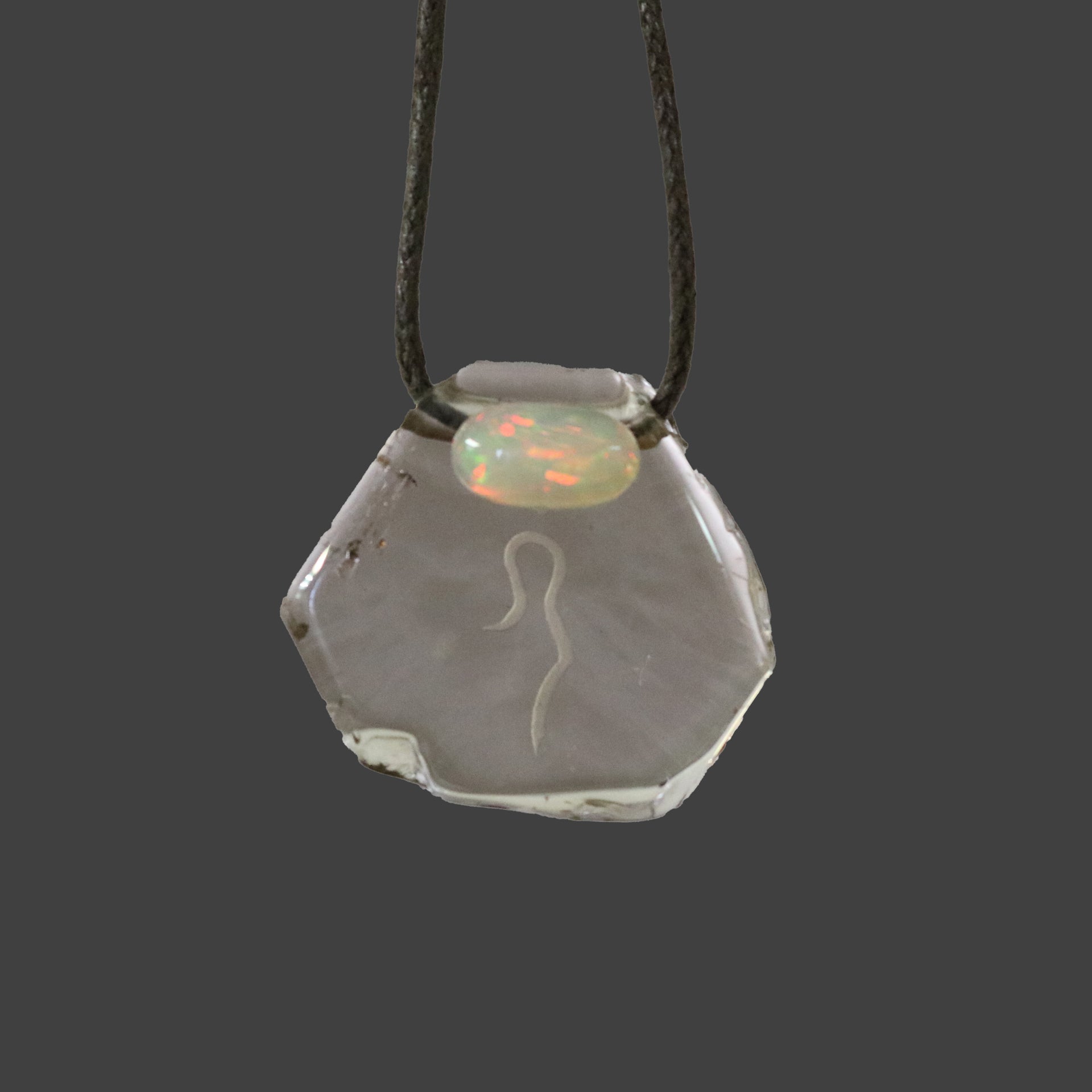 Smoky Quartz Pendant with Ethiopian Opal Accent Divine and Feminine Symbol