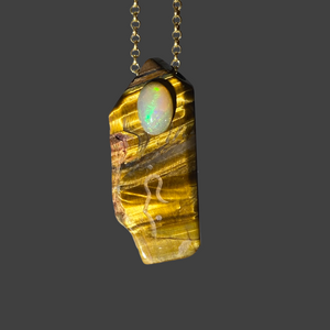 Tiger Eye Pendant with Divine Feminine & Sacred Masculine Symbols and Ethiopian Opal Accent