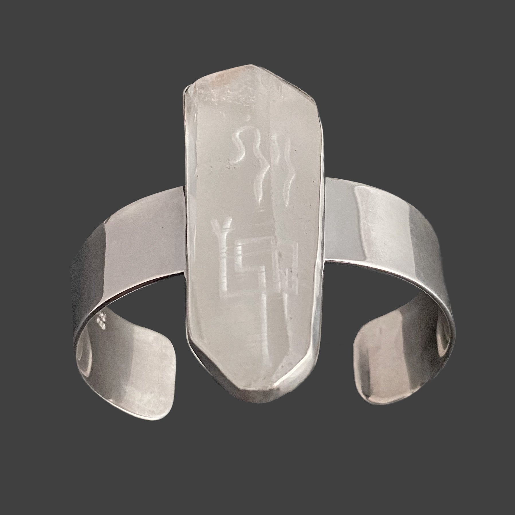 Natural Lemurian Quartz Sterling Silver Cuff Bracelet withDivine Feminine and Sacred Masculine Symbols