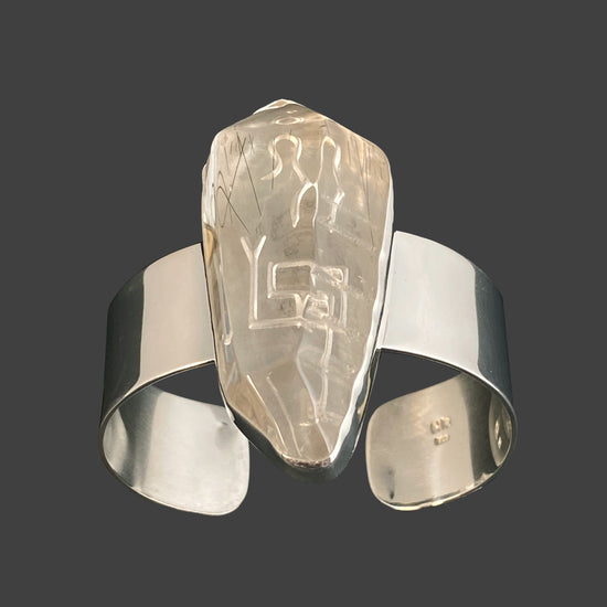 Natural Lemurian Sterling Silver Cuff Bracelet with Divine Feminine & Sacred Masculine Symbols