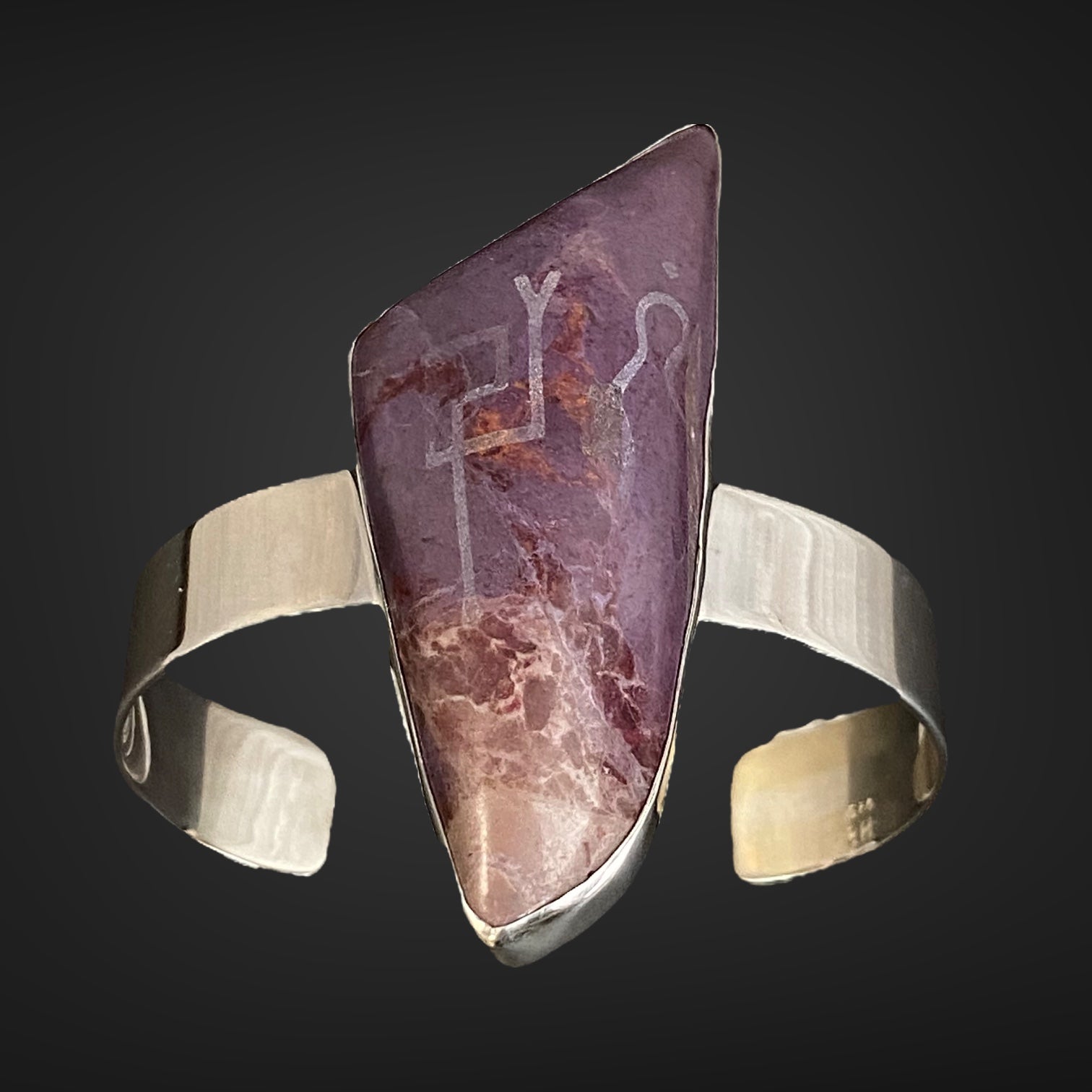 Purple Jade Sterling Silver Cuff Bracelet with Divine Feminine & Sacred Masculine Symbols