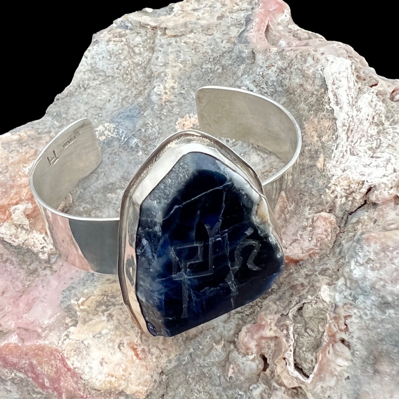 Sapphire Sterling Silver Cuff Bracelet with Divine Feminine & Sacred Masculine Symbols
