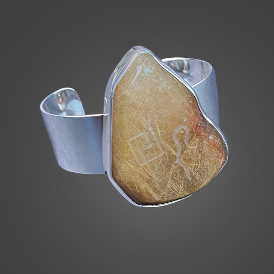 Gold Rutilated Quartz Sterling Silver Cuff Bracelet with Divine Feminine and Sacred Masculine Symbols
