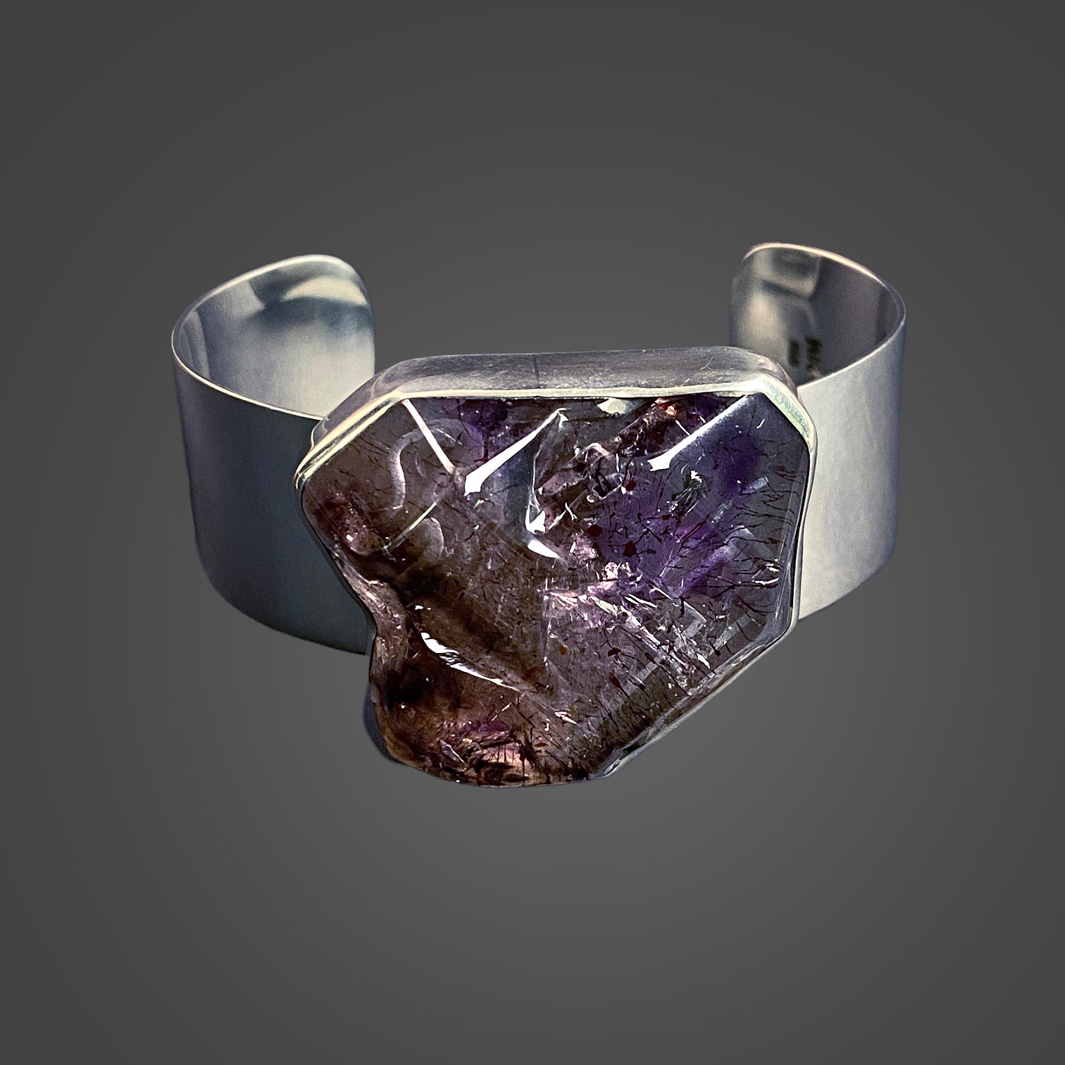Shangaan Amethyst Sterling Silver Cuff Bracelet with Divine Feminine and Sacred Masculine Symbols