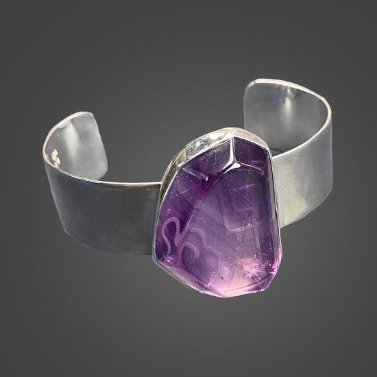 Gem Amethyst Sterling Silver Cuff Bracelet with Divine Feminine and Sacred Masculine Symbols
