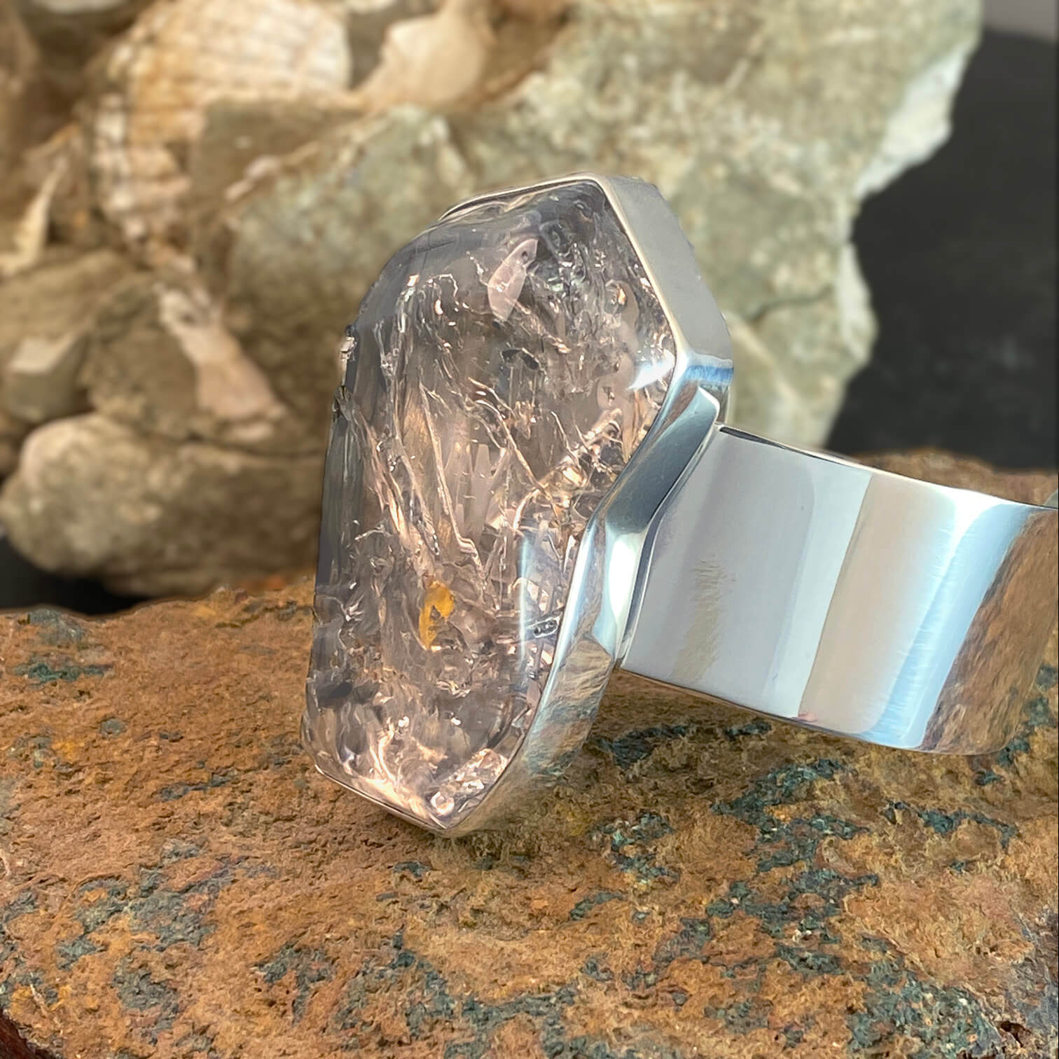 Smoky Elestial Sterling Silver Cuff Bracelet with Divine Feminine and Sacred Masculine Symbols