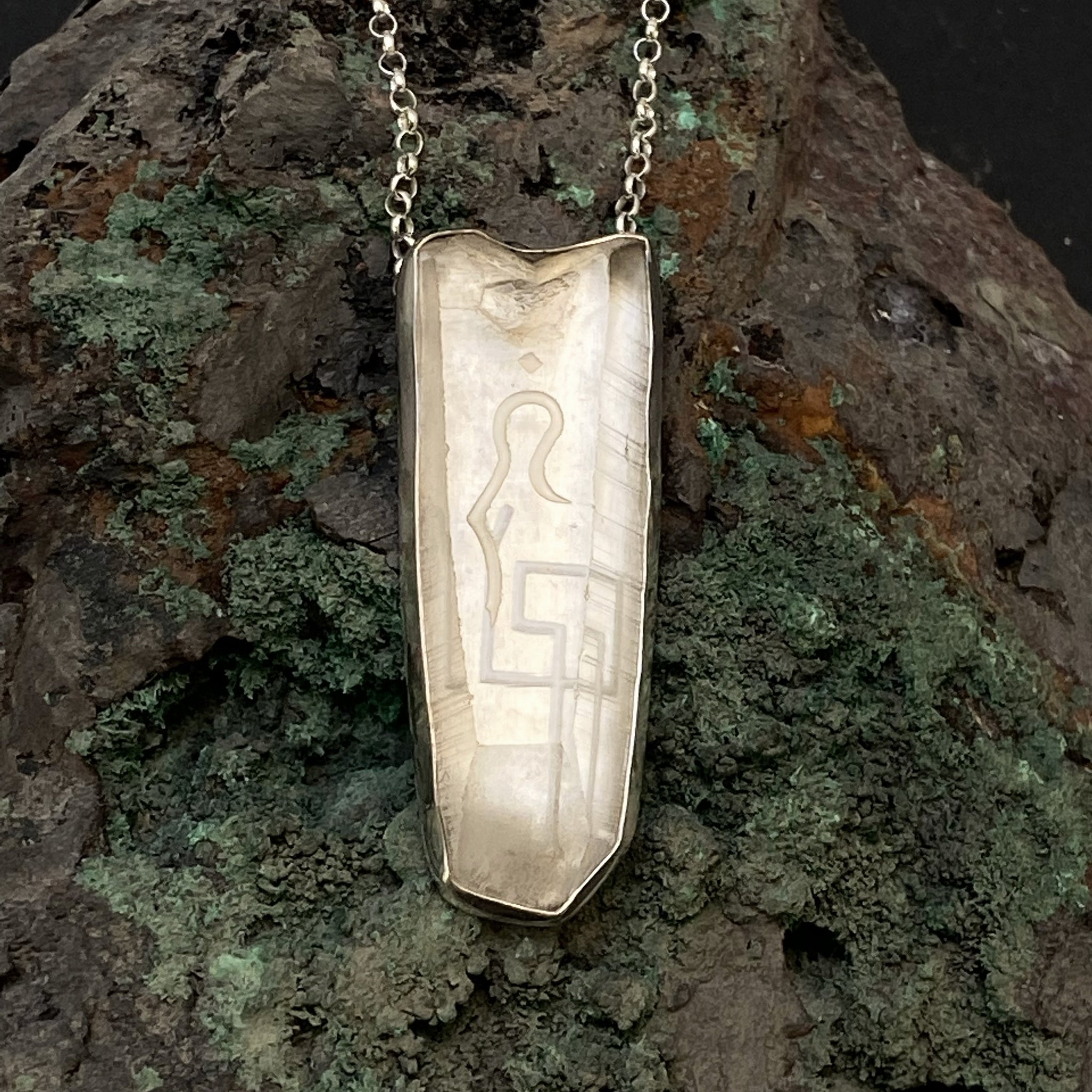 Natural Lemurian Sterling Silver Pendant with Divine Feminine & Sacred Masculine Symbols