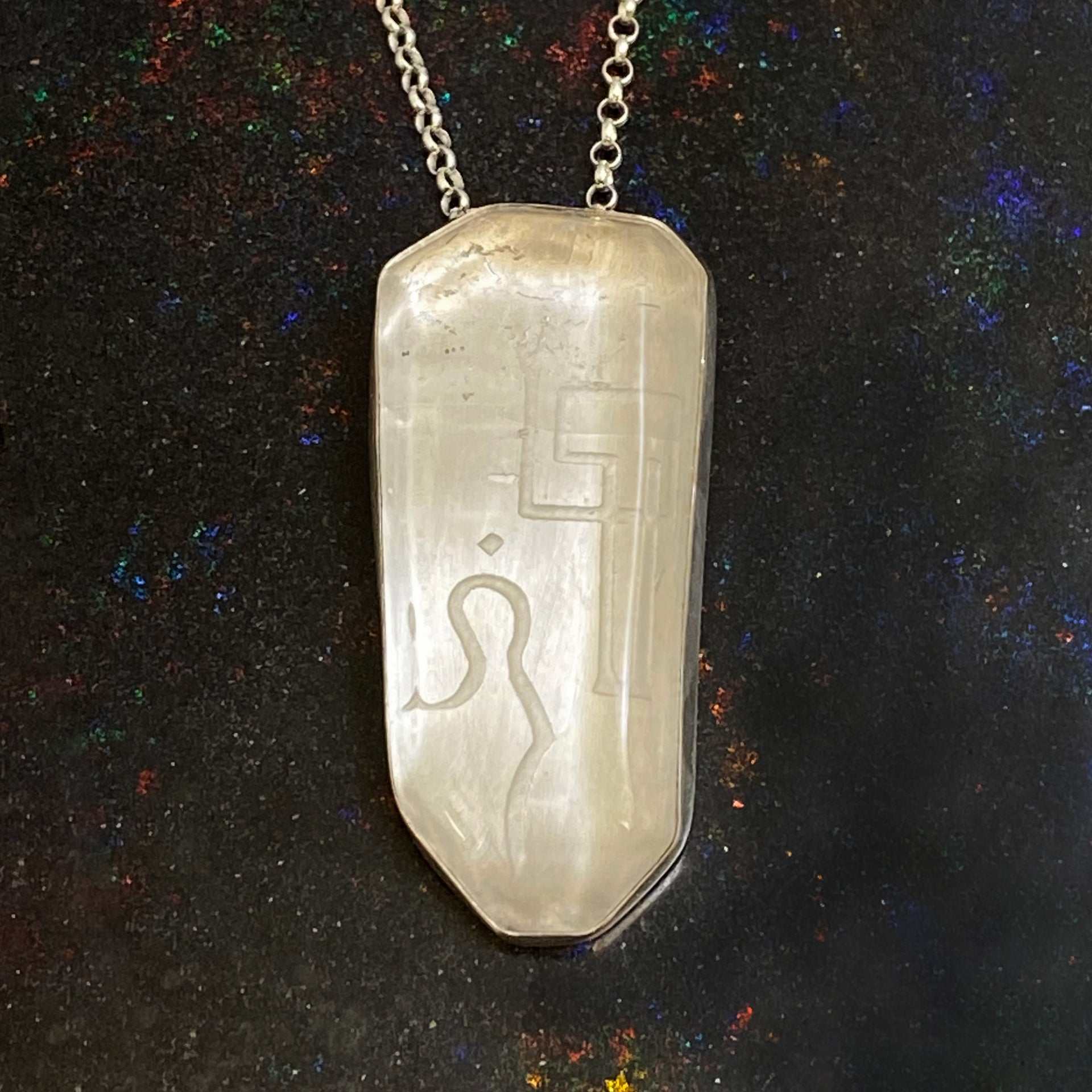Polished Lemurian Sterling Silver Pendant with Divine Feminine & Sacred Masculine Symbol