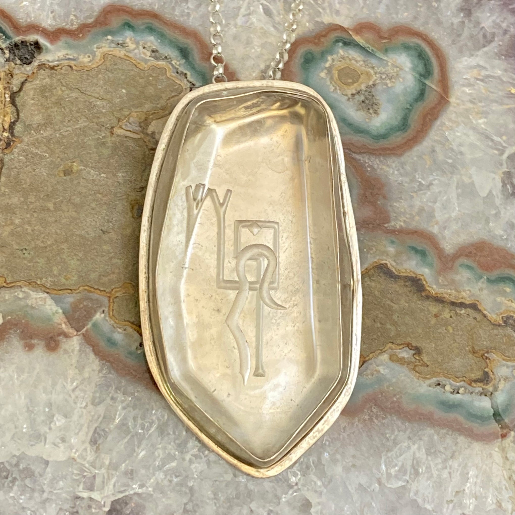 Polished Lemurian Sterling Silver Pendant with Divine Feminine & Sacred Masculine Symbols