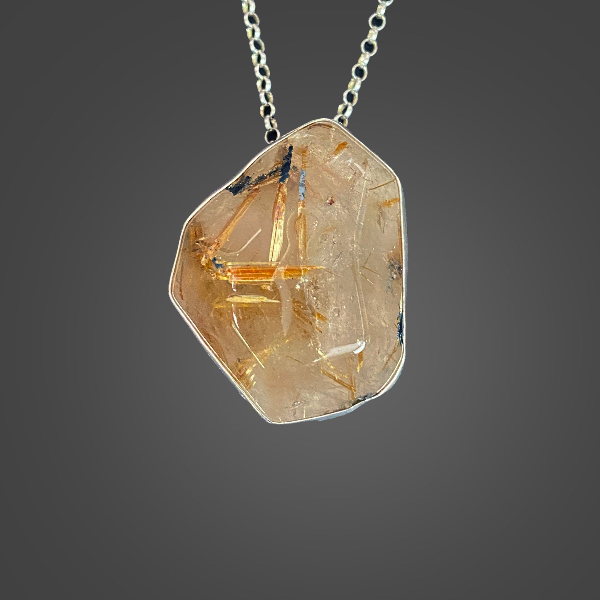 Gold Rutilated Quartz with Pyrite Sterling Silver Pendant with Divine Feminine and Sacred Masculine Symbols