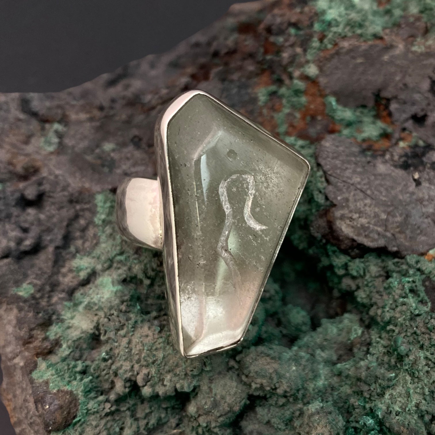 Quartz with Chlorite Phantom Sterling Silver Ring size 9 with Divine Feminine Symbol