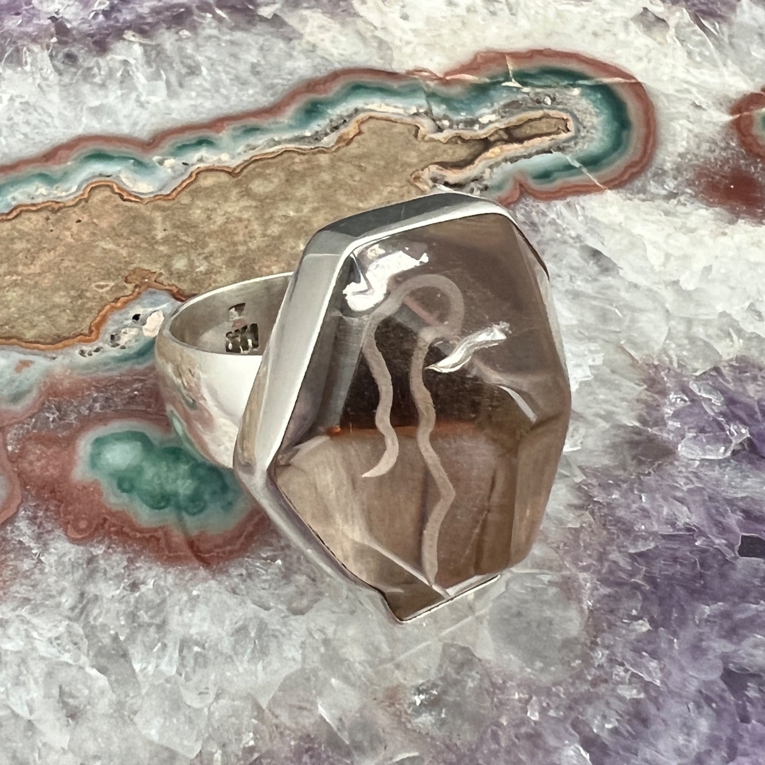 Smoky Quartz Sterling Silver Ring with Divine Feminine Symbol size 9