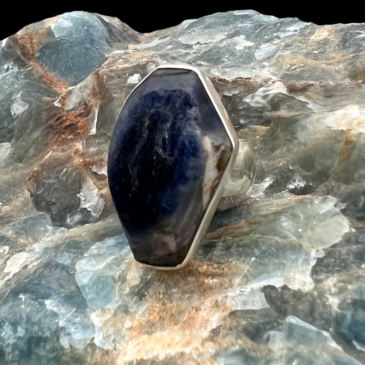 Sapphire Sterling Silver Ring with Divine Feminine Symbol size 8
