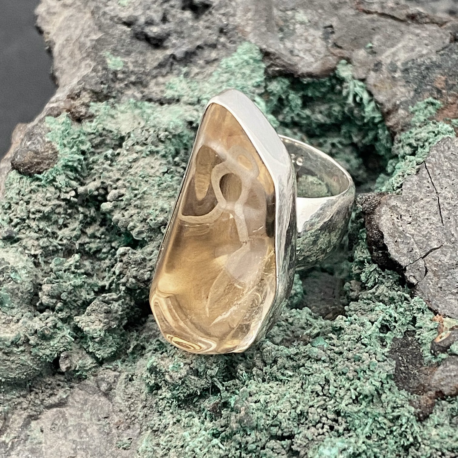 African Citrine Sterling Silver Ring with Divine Feminine Symbol size 5