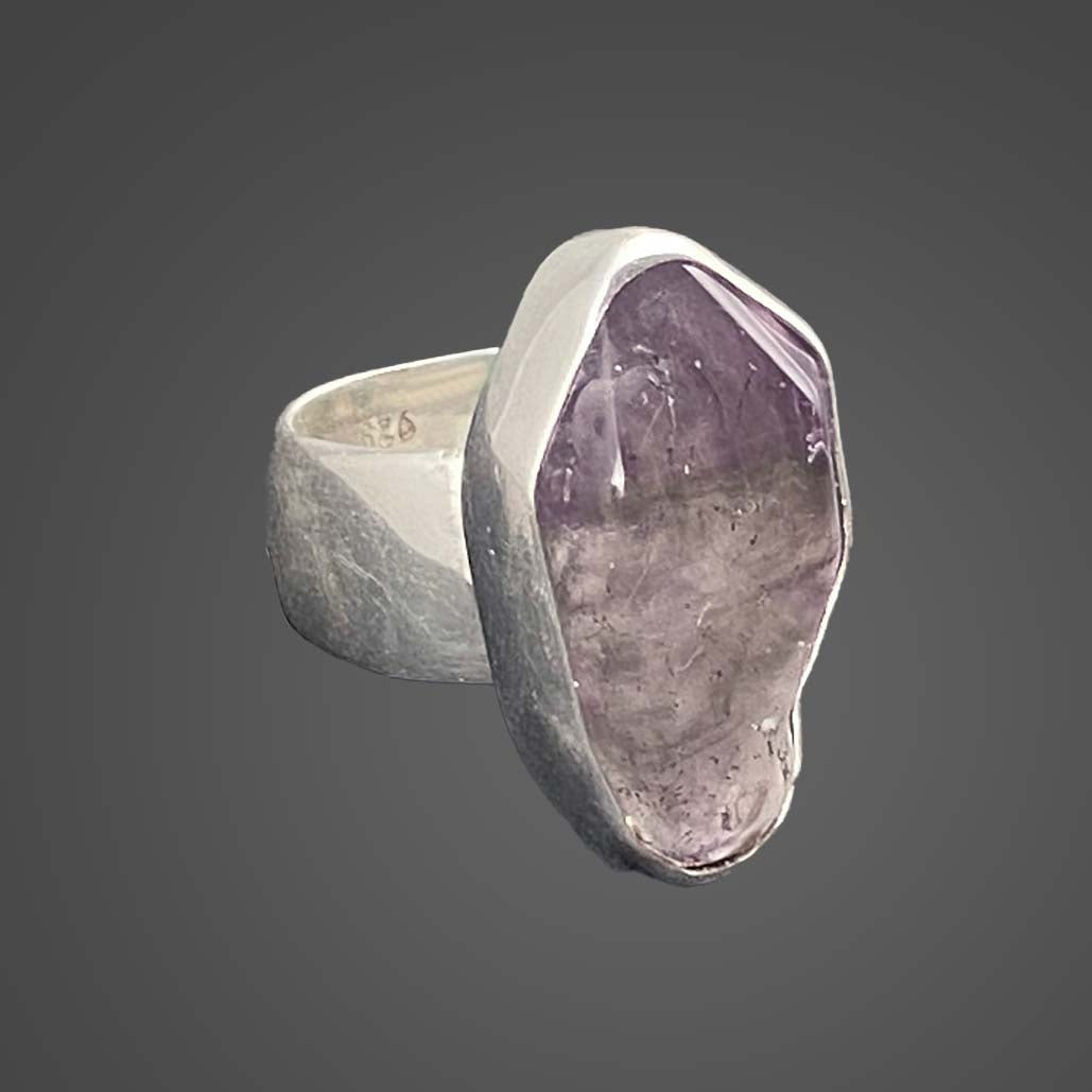 African Smoky Amethyst Sterling Silver Ring with Divine Feminine Symbol size 5