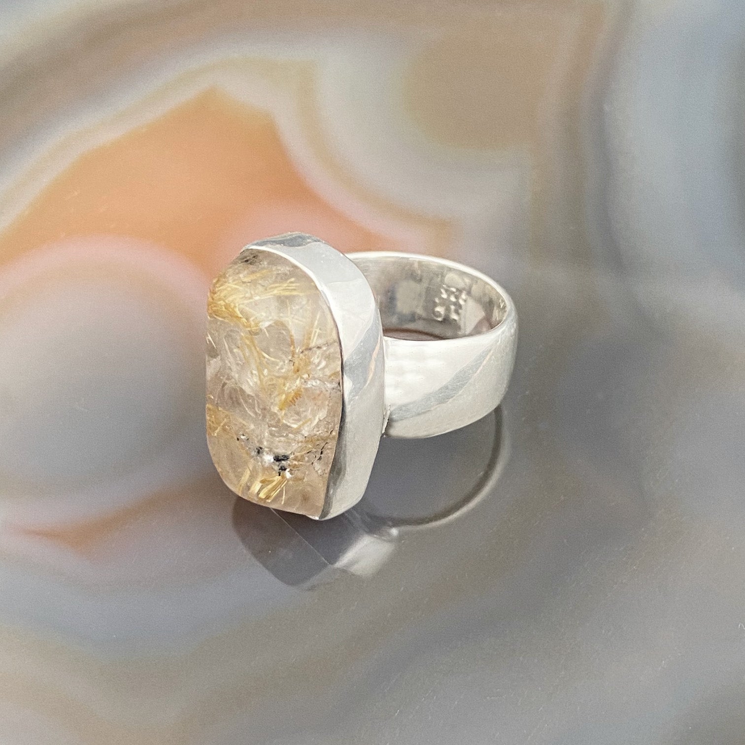 Gold Rutilated Quartz Sterling Silver Ring with Divine Feminine Symbol size 5