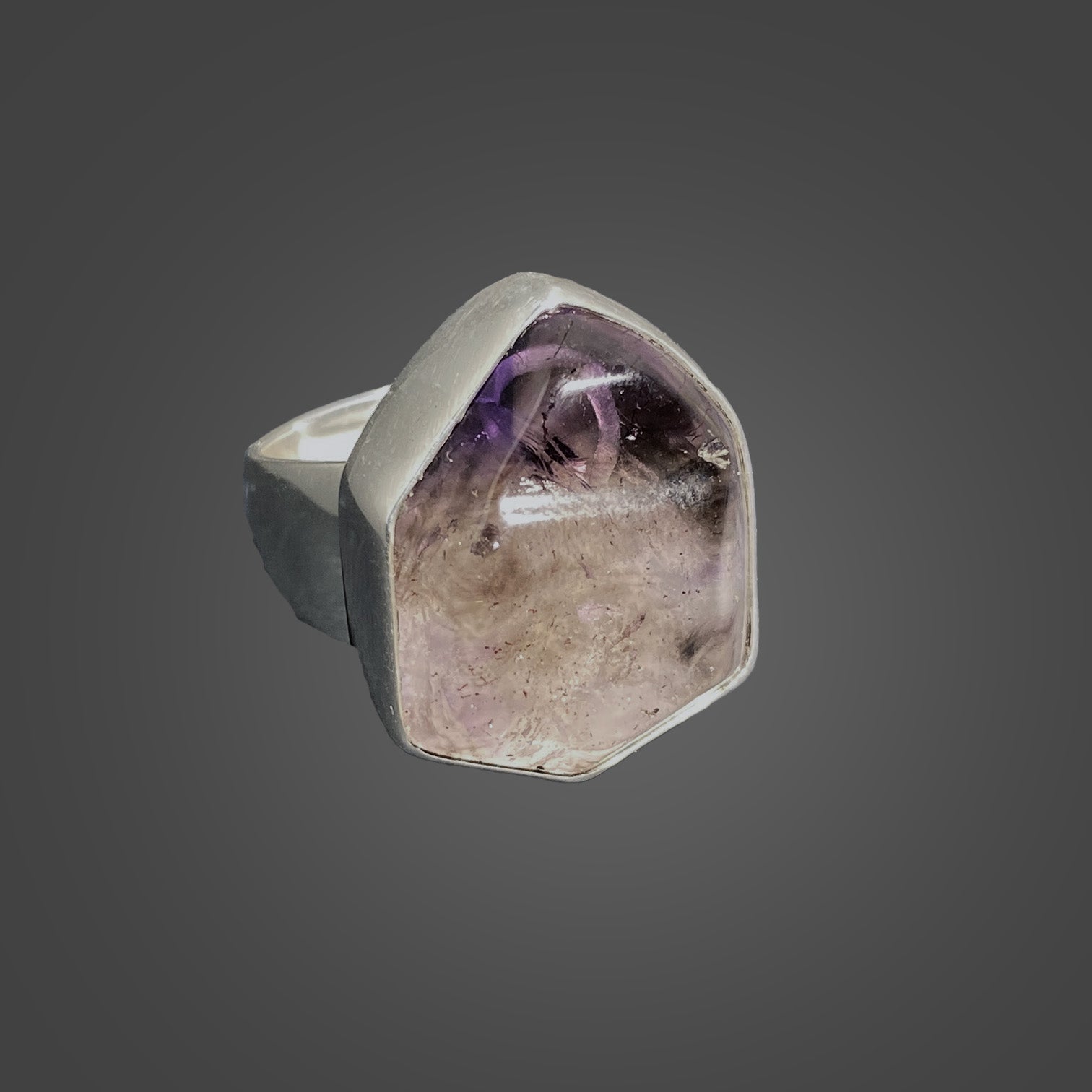 African Smoky Amethyst Sterling Silver Ring with Divine Feminine Symbol size 5