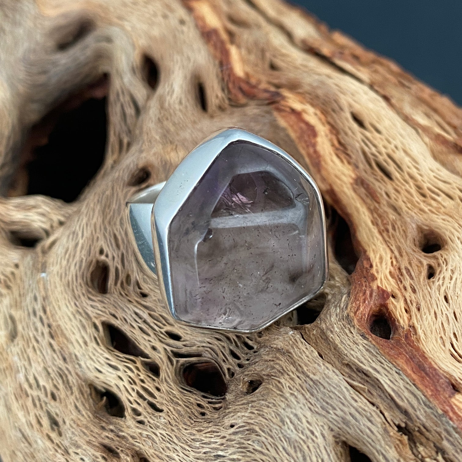 African Smoky Amethyst Sterling Silver Ring with Divine Feminine Symbol size 5