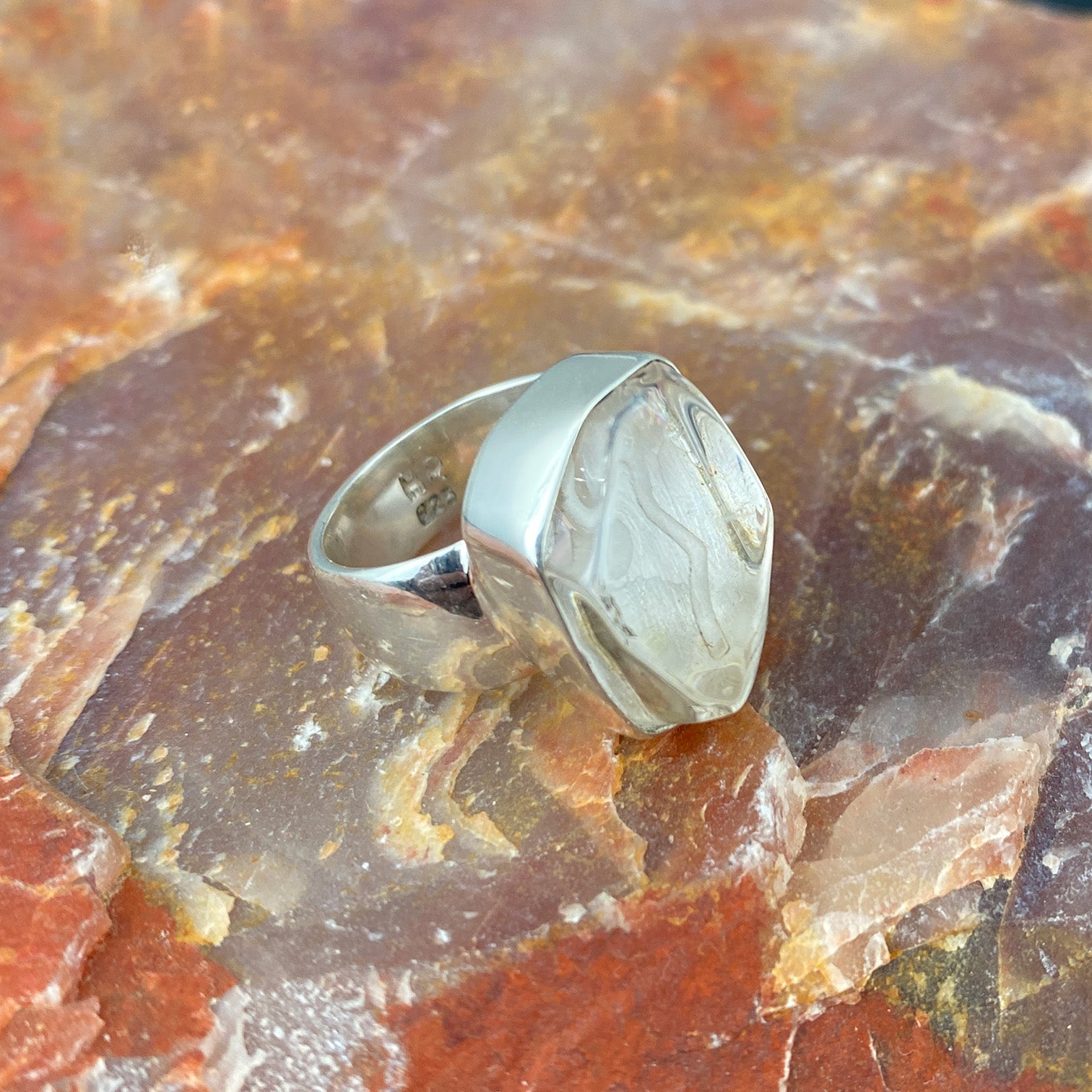 Optical Quartz Sterling Silver Ring with Divine Feminine Symbol size 5.5