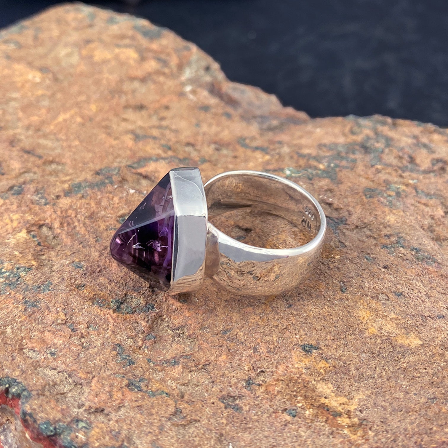 African Smoky Amethyst Sterling Silver Ring with Divine Feminine Symbol size 7