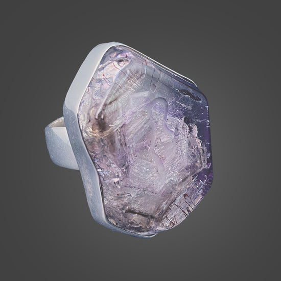 African Smoky Amethyst Sterling Silver Ring with Divine Feminine Symbol size 10.5