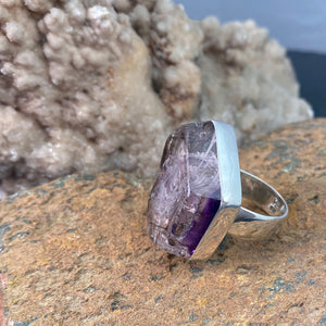 African Smoky Amethyst Sterling Silver Ring with Divine Feminine Symbol size 10.5