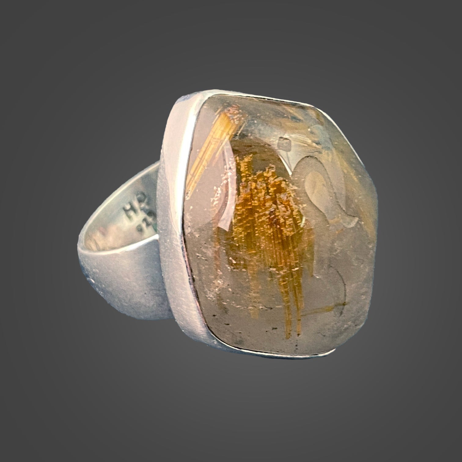Gold Rutilated Quartz Sterling Silver Ring with Divine Feminine Symbol size 10.5